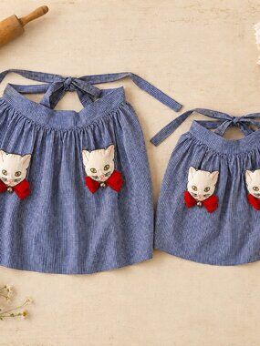 Vintage Mother Daughter Matching Kitten Apron Set Gingham Handmade